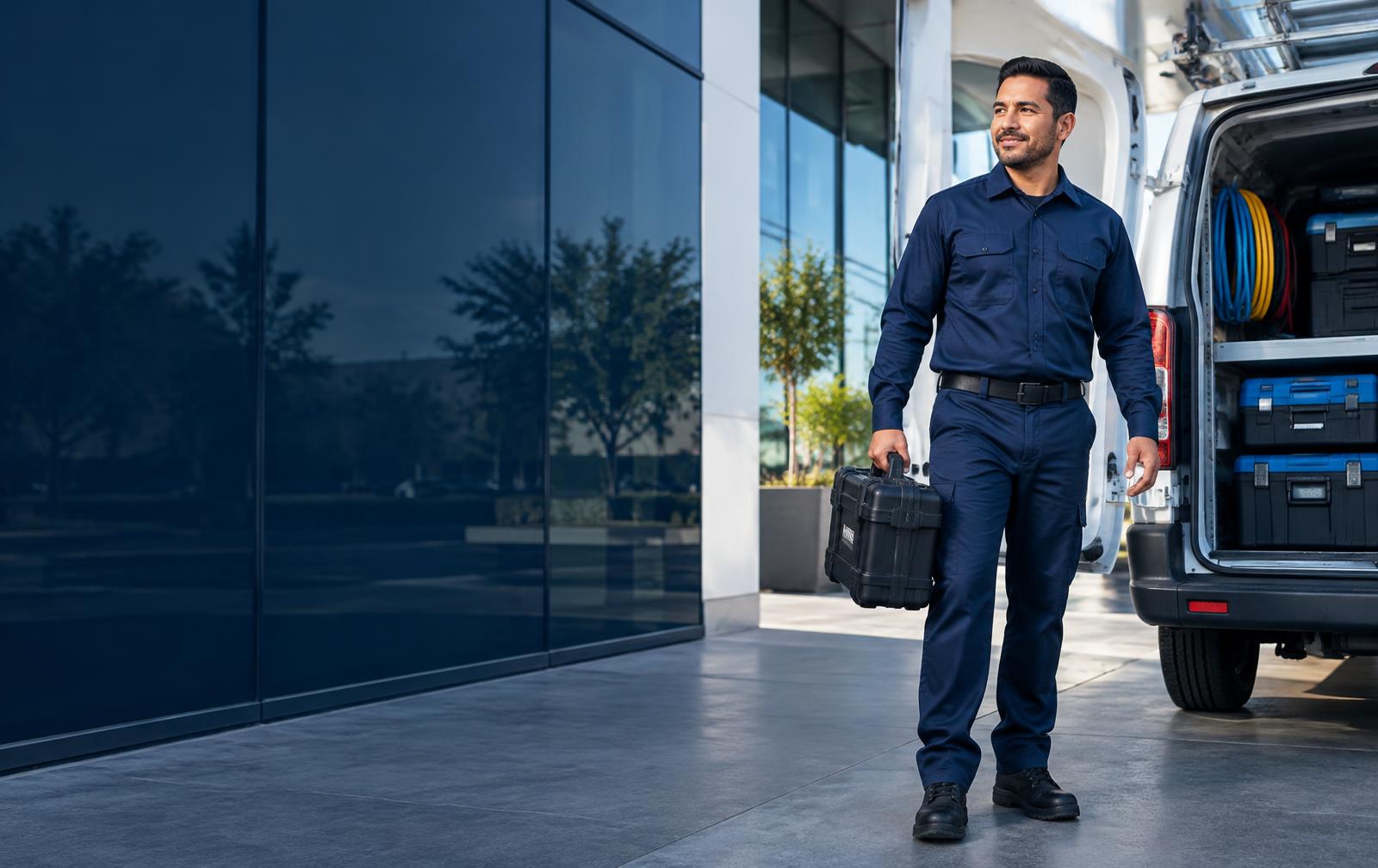 Técnico de servicios junto a su unidad de trabajo